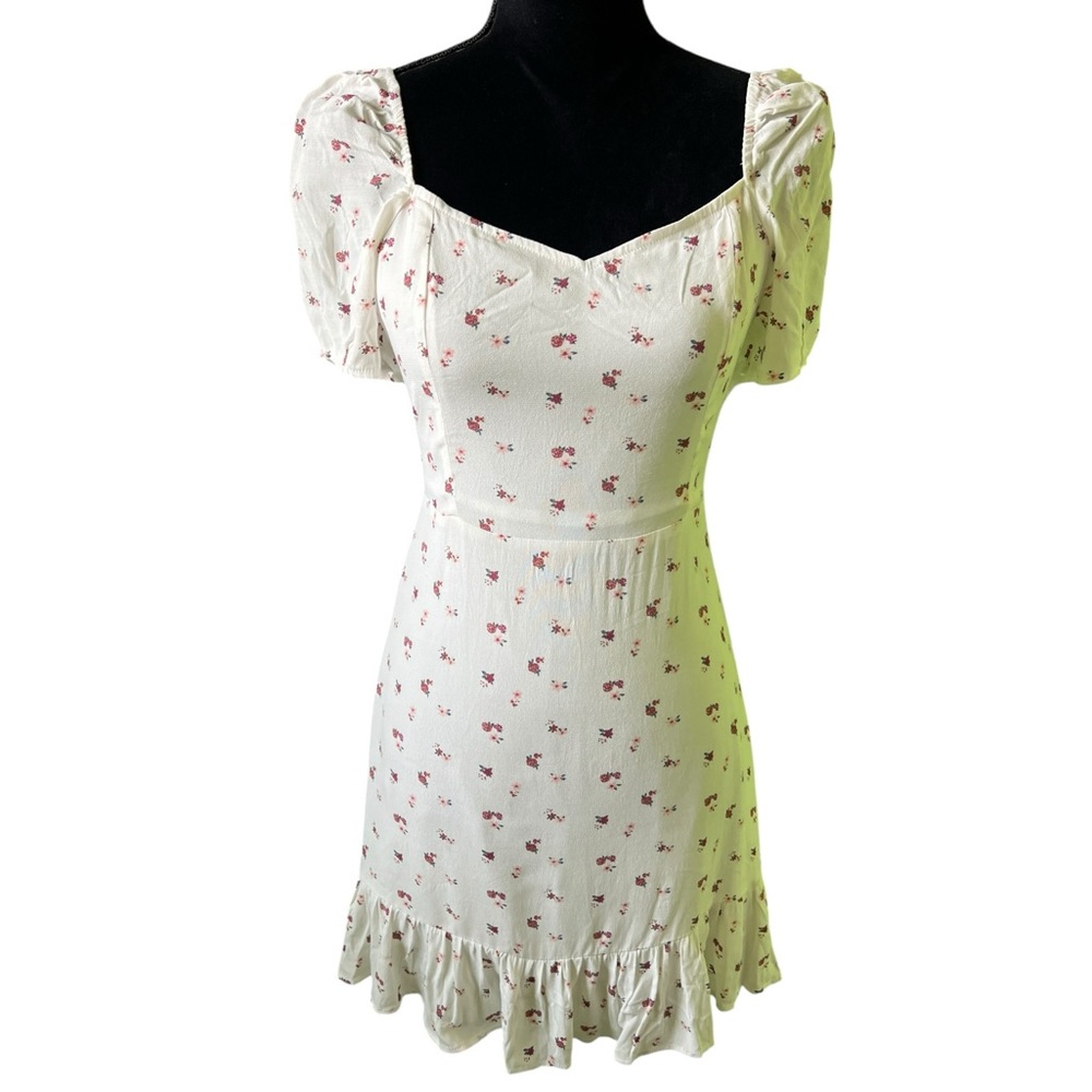 Melloday White Floral Puff Sleeve Short Sleeve Sundress Ruffle Hem women’s Small